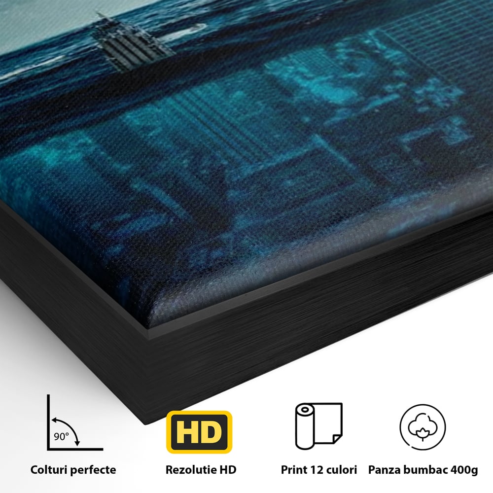 Detaliu al suprafetei: ilustratie digitala cu oras scufundat in ocean, in rama de aluminiu negru